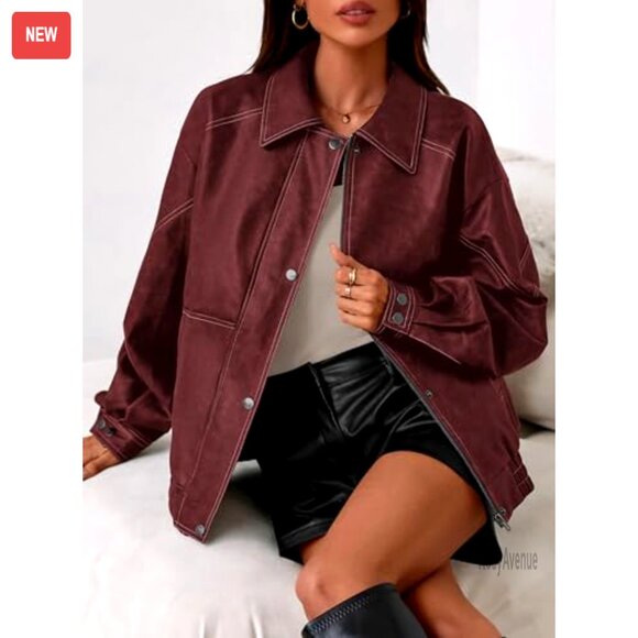 Faux Leather Bomber Jacket Women's Oversized Motorcycle Style Zip Up - Picture 6 of 7